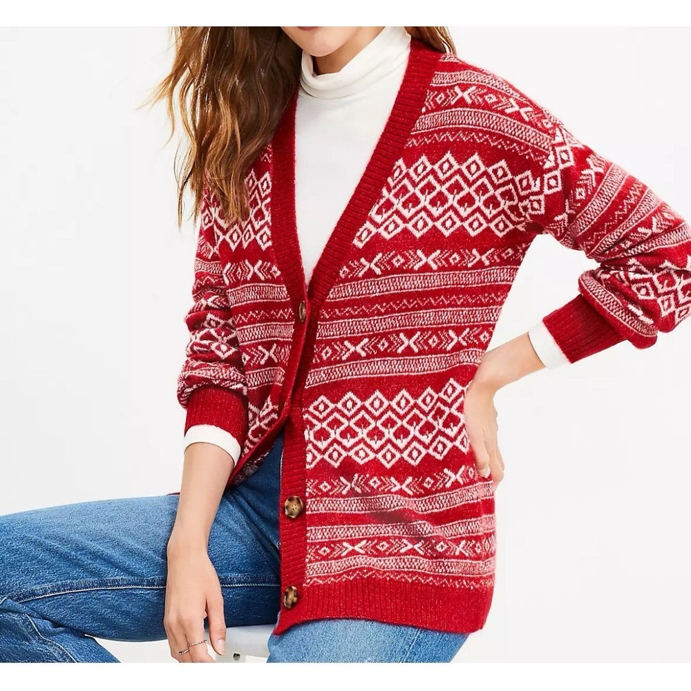 Loft Sweater Sz‎ Large Button Cardigan Red White Knit Preppy Soft